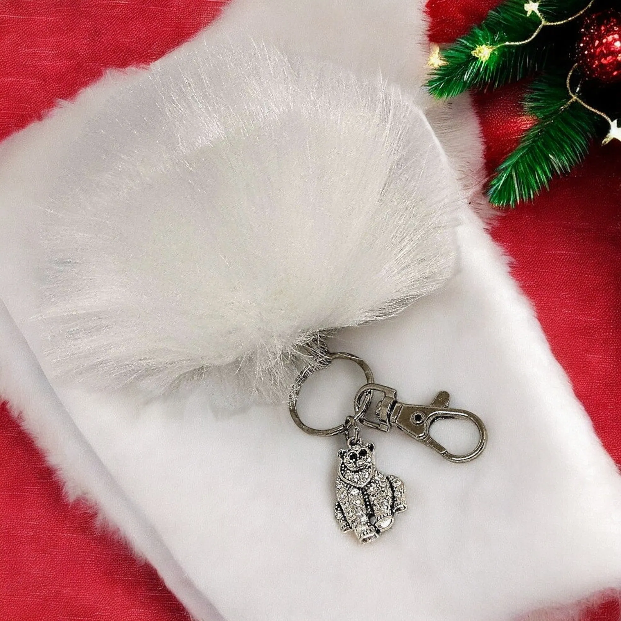 Polar Bear Keychain/Faux Fur Pom Pom Charm Key Chain-Purse Charm/Journal Charm