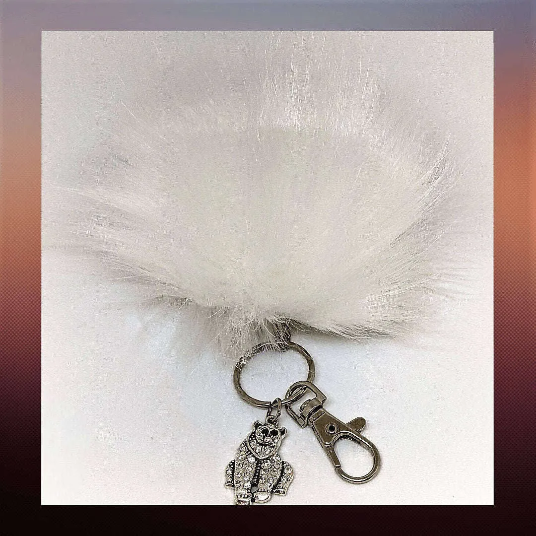 Polar Bear Keychain/Faux Fur Pom Pom Charm Key Chain-Purse Charm/Journal Charm