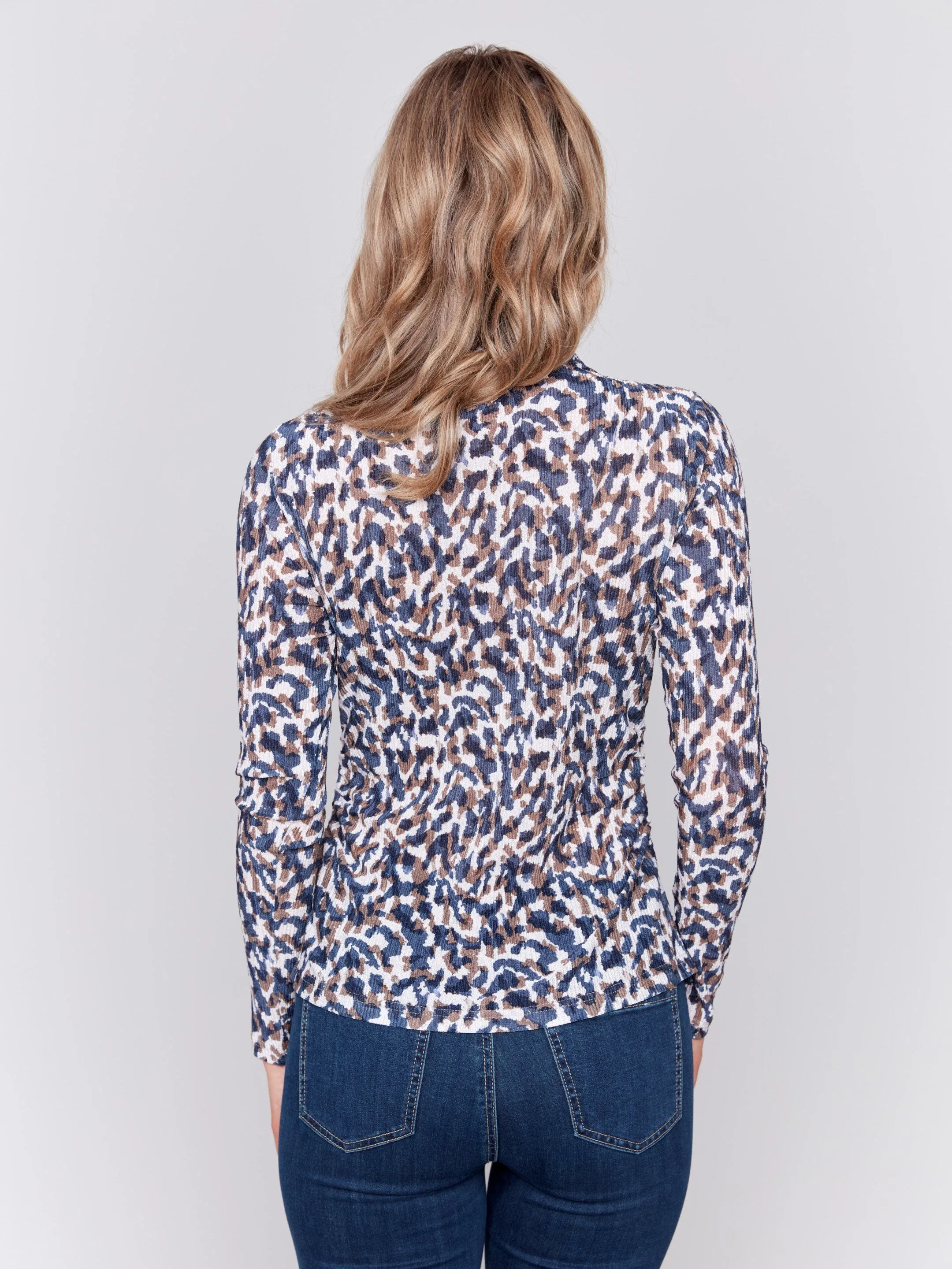 Printed Ruched Mock Neck Top - Safari