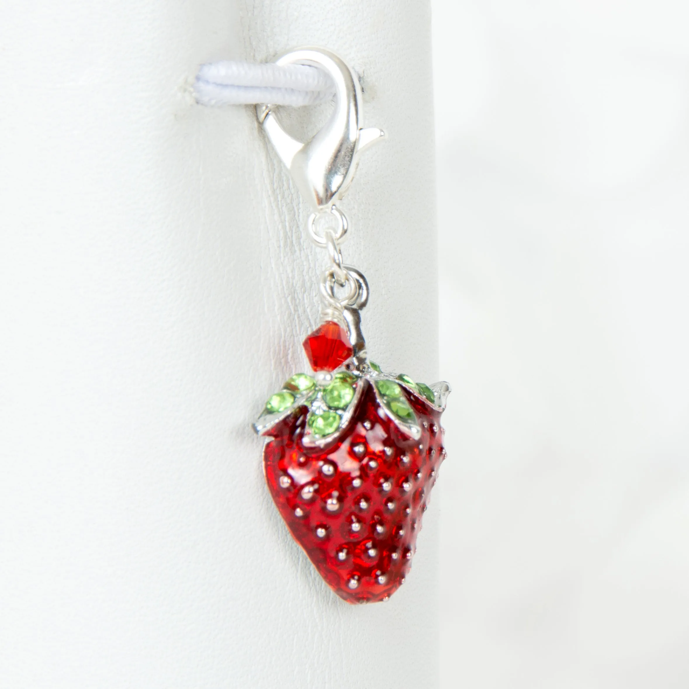 Red Enamel Strawberry Charm with Rhinestone Accents and Austrian Crystal