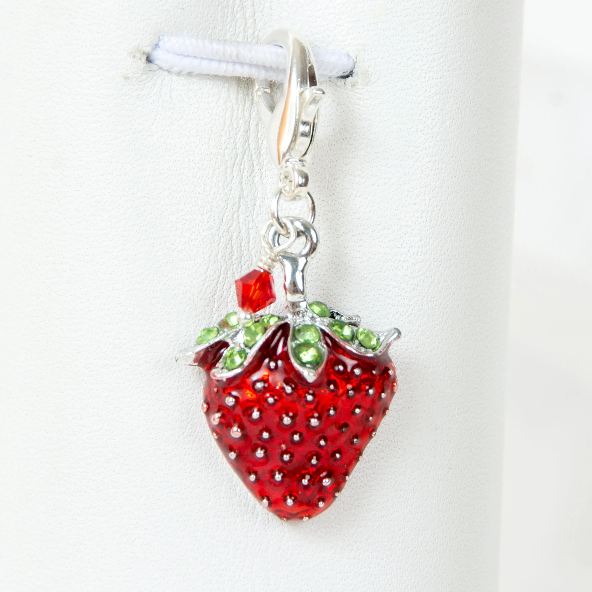 Red Enamel Strawberry Charm with Rhinestone Accents and Austrian Crystal