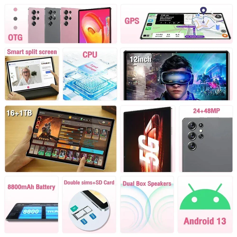 Snapdragon 8 gen2 Android Tablet PC 12 Inch 16G 1TB WIFI 5G Tab Ultra Learning Office Entertainment