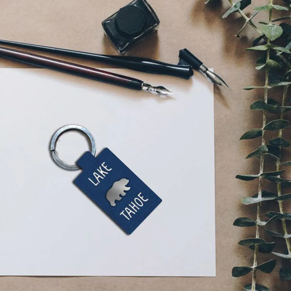 Souvenir Keychain Leather Bear, Lake Tahoe, Blue, Black, Red, Tan